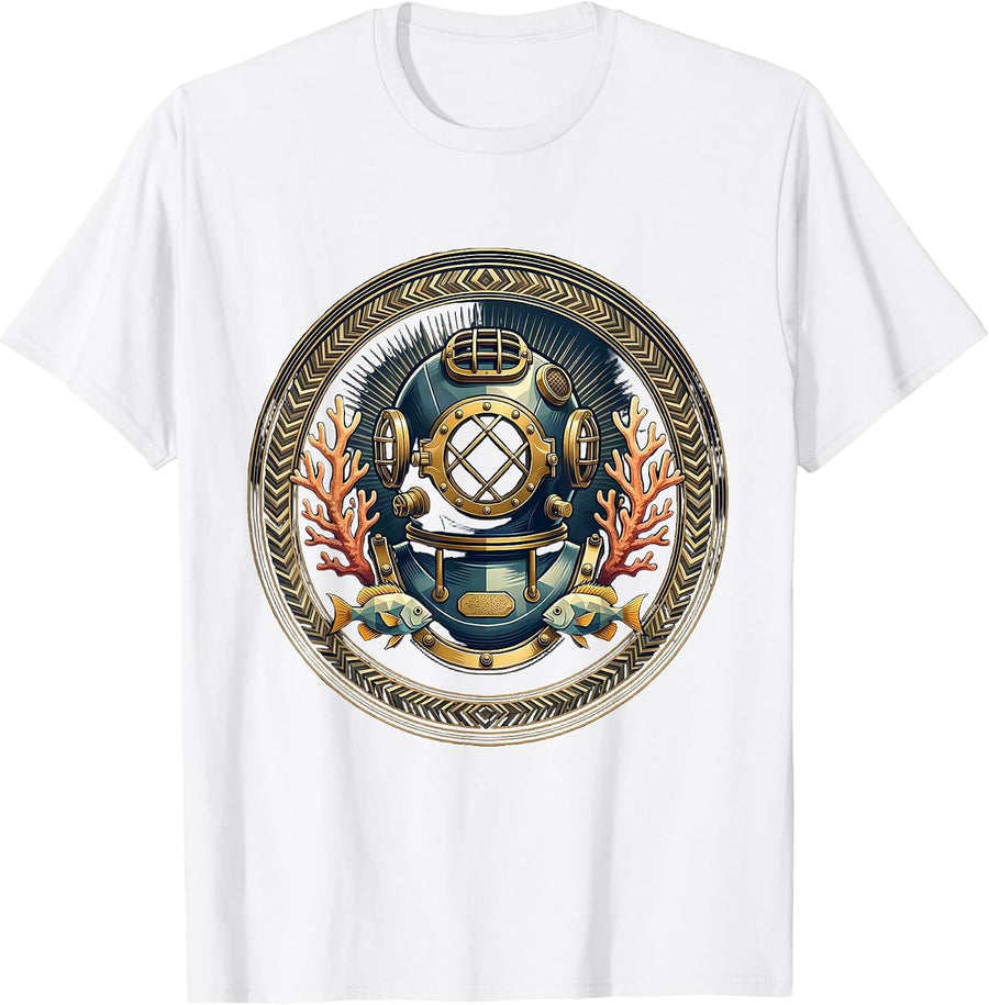 Men's Retro Diver Helmet Coral Reef Ocean Art T-Shirt - White