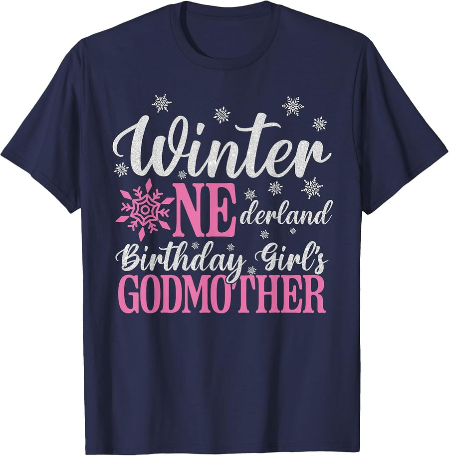 Godmother Pink Winter Onederland 1st Birthday Girl Snowflake T-Shirt - Navy Blue