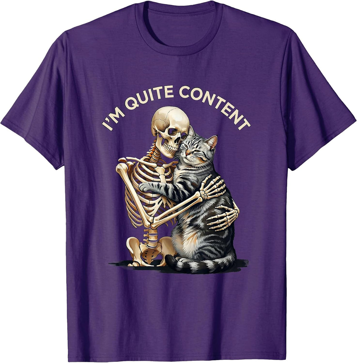 I'm Quite Content Skeleton Hugging Cat Halloween Cat Lover T-Shirt - Purple