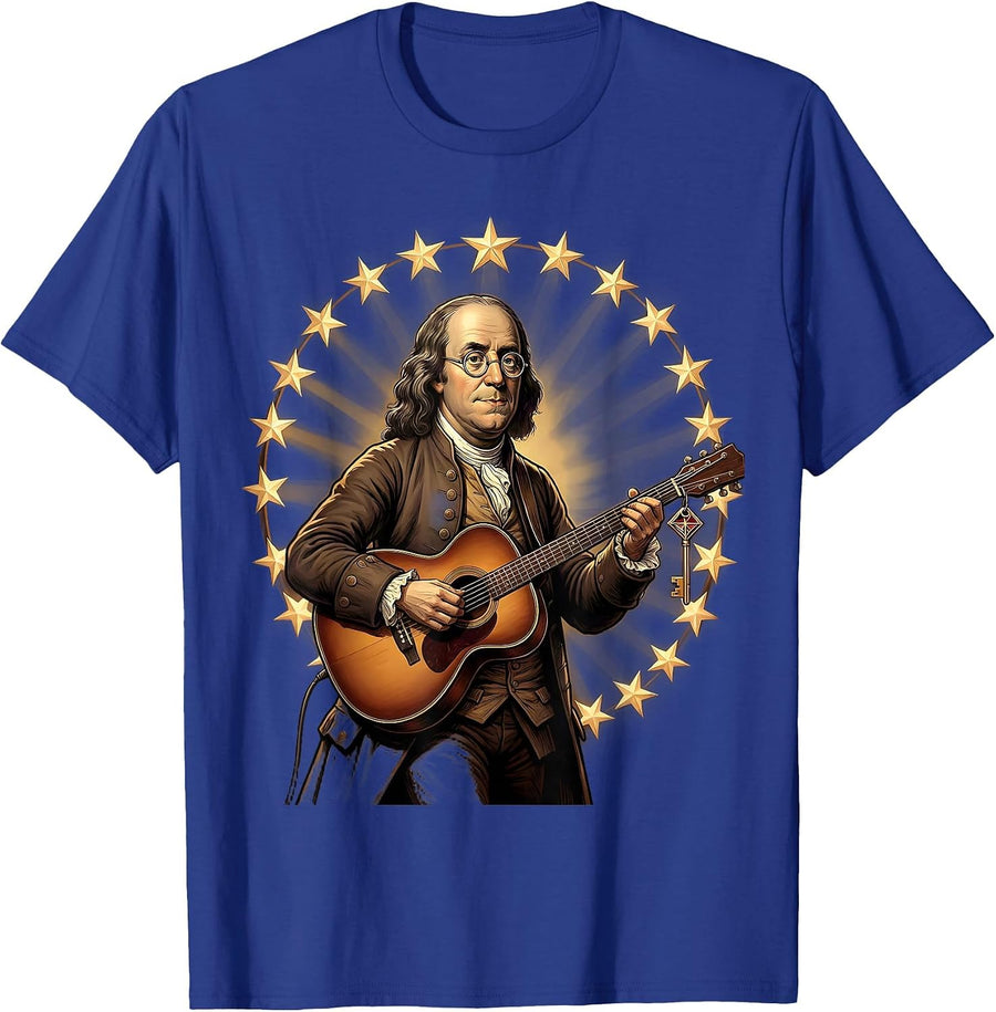 Benjamin Franklin Playing Guitar Historical Music Enthusiast T-Shirt - Royal Blue