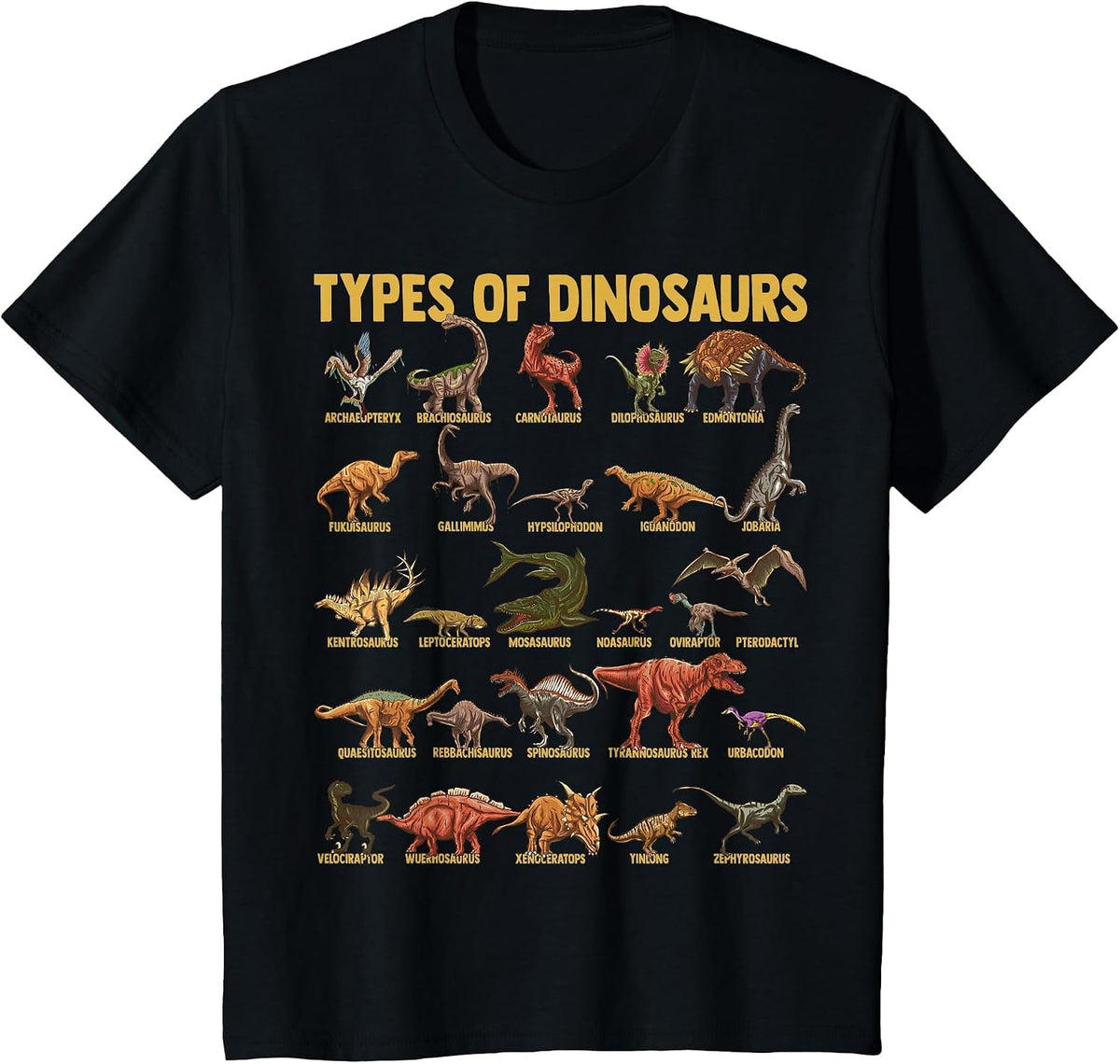 Types of Dinosaurs Dino Identification Chart with Names T-Shirt - Black