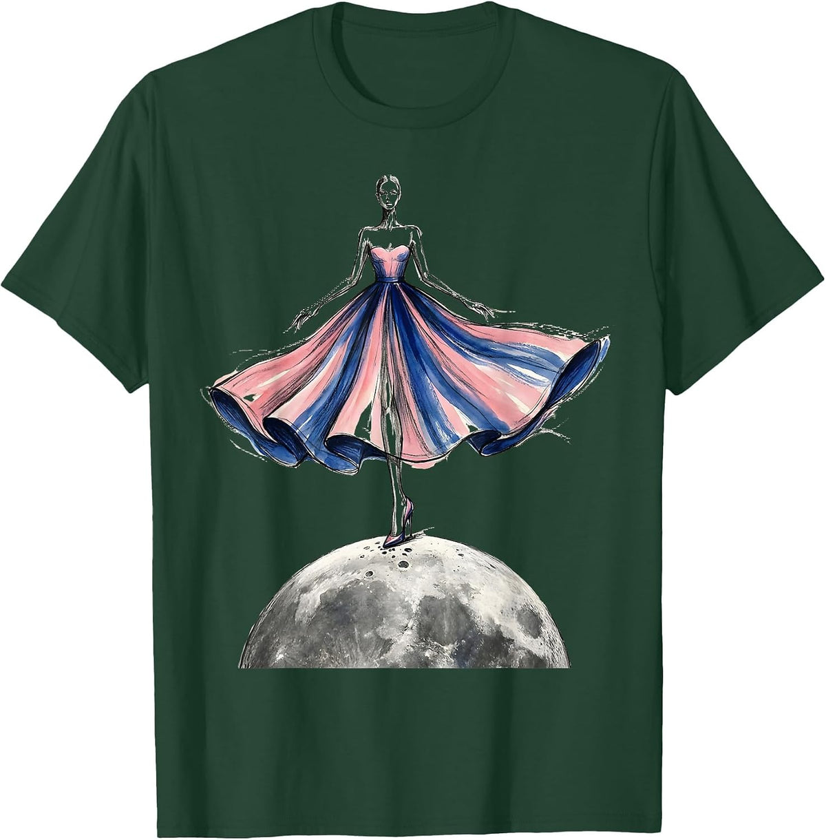 Mimi Stepping on the Moon Graphic Tee T-Shirt - Dark Green