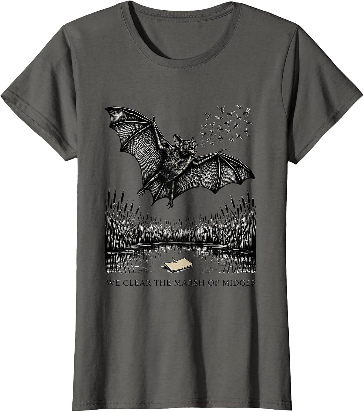 Women's We Clear The Marsh Of Midges Vintage Bat Lover Wildlife T-Shirt - Asphalt Grey