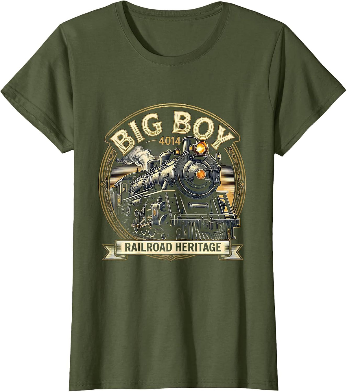 Women's Big Boy 4014 Steam Locomotive Vintage Railroad Enthusiast T-Shirt - Olive Green