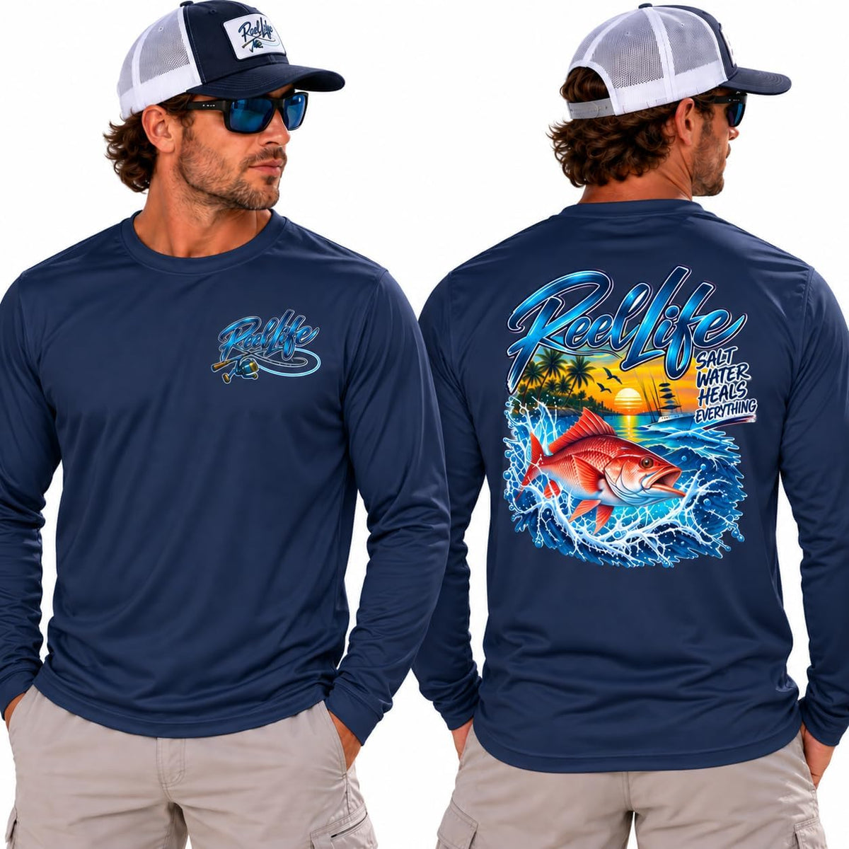 Reel Life Fishing Snapper Long Sleeve Tee | Ocean Sunset Angler Graphic - True Navy