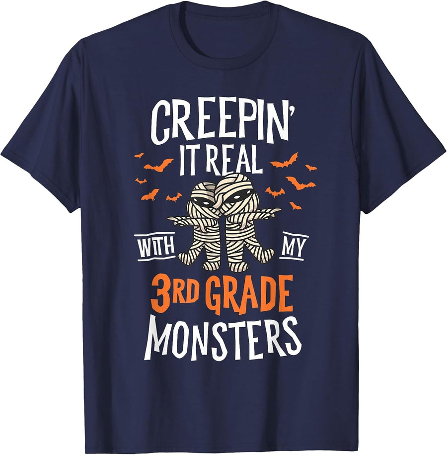 Creepin It Real with My 3rd Grade Monsters Halloween Teacher T-Shirt - Navy Blue
