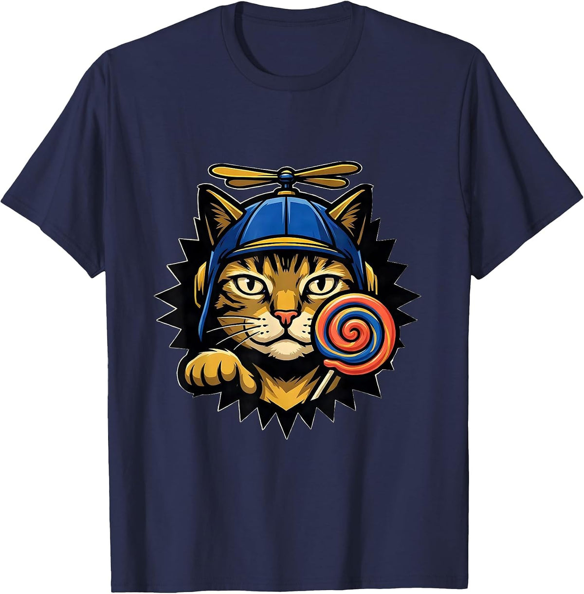 Men's Lollipop Cat Meme Greetings Huzz Funny Silly Cats Humor T-Shirt - Navy Blue