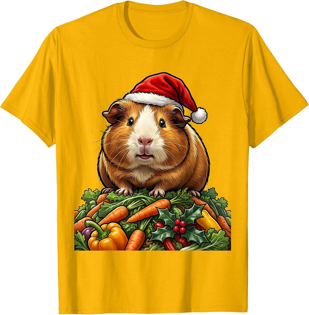 Guinea Pig Santa Hat Cartoon Pet Lover Christmas T-Shirt - Golden Yellow