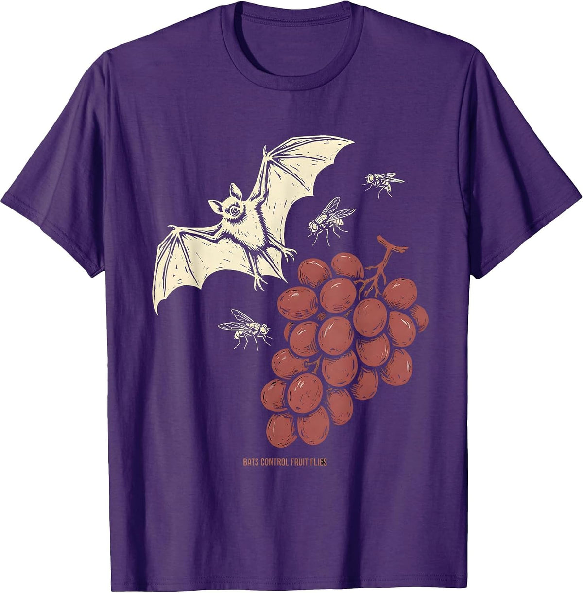 Bats Control Fruit Flies Linocut Bat Lover Halloween Humor T-Shirt - Purple