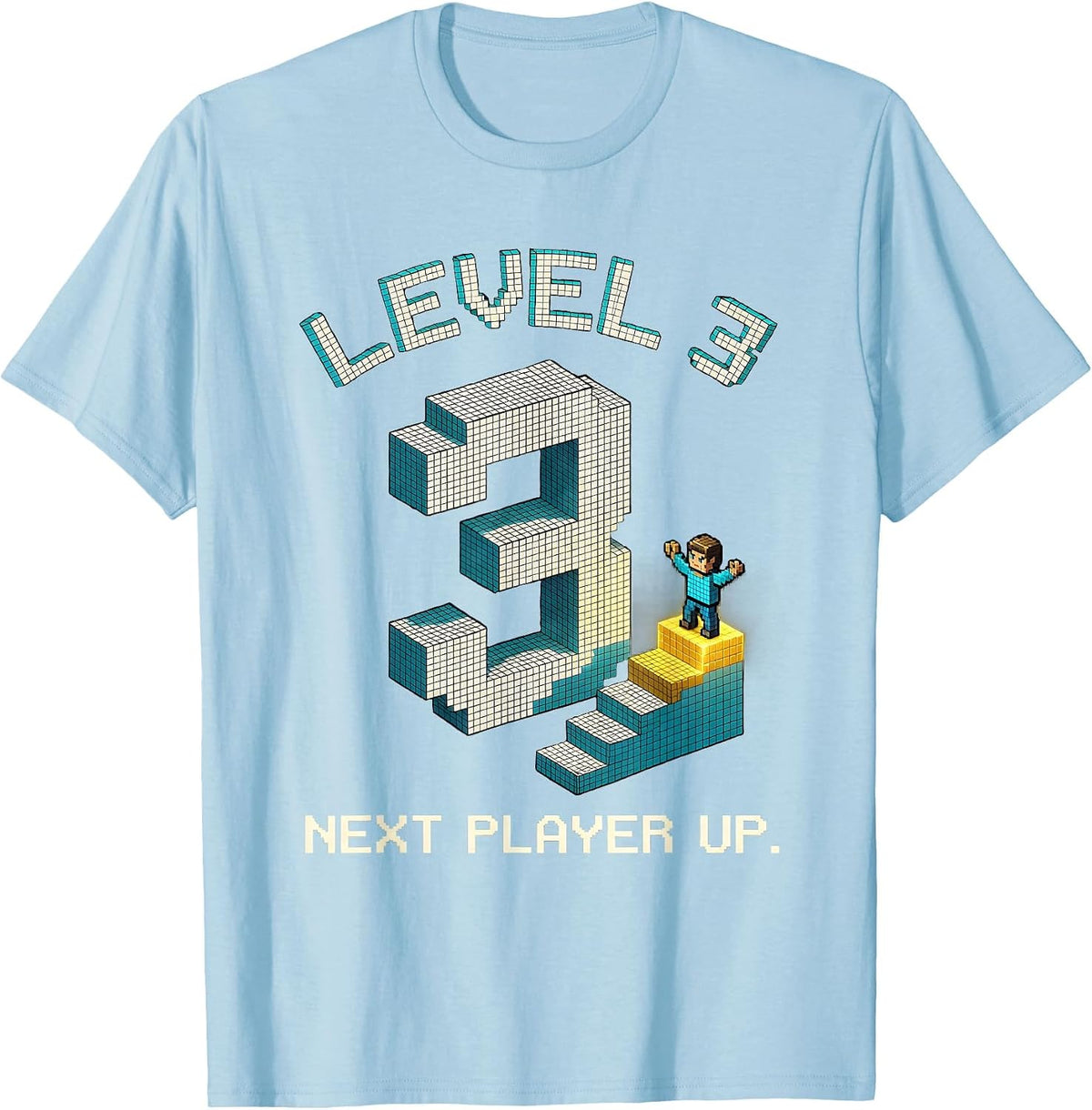 Men's Level 3 Next Player Up Pixel Gamer Birthday Boy T-Shirt - Baby Blue