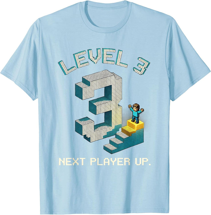 Men's Level 3 Next Player Up Pixel Gamer Birthday Boy T-Shirt - Baby Blue