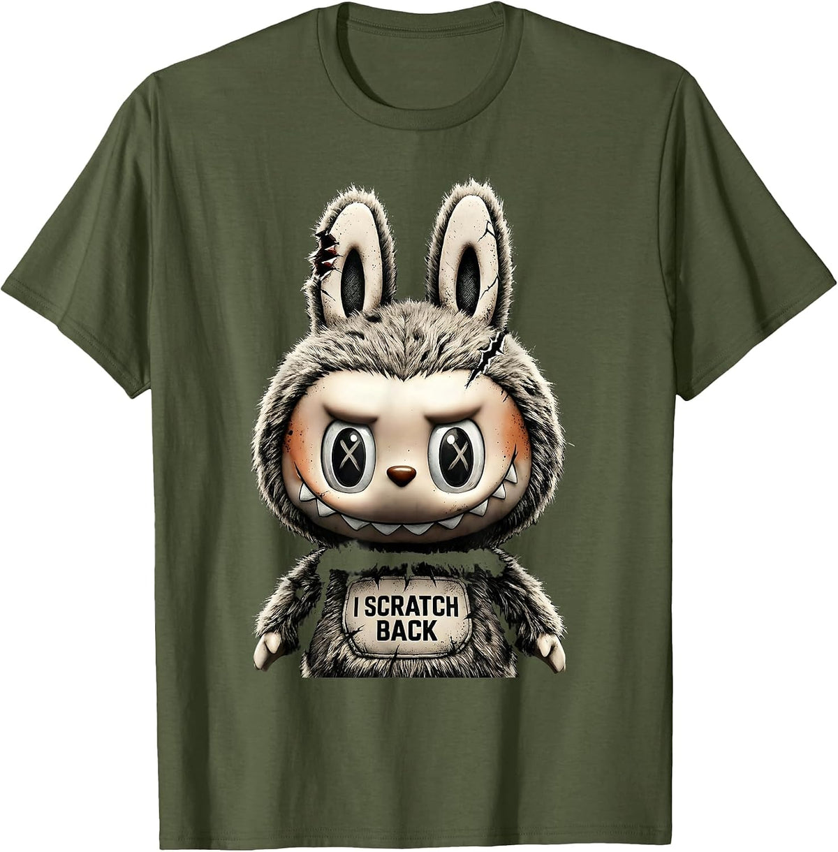 I Scratch Back Distressed Creepy Cute Goth Bunny Horror T-Shirt - Olive Green