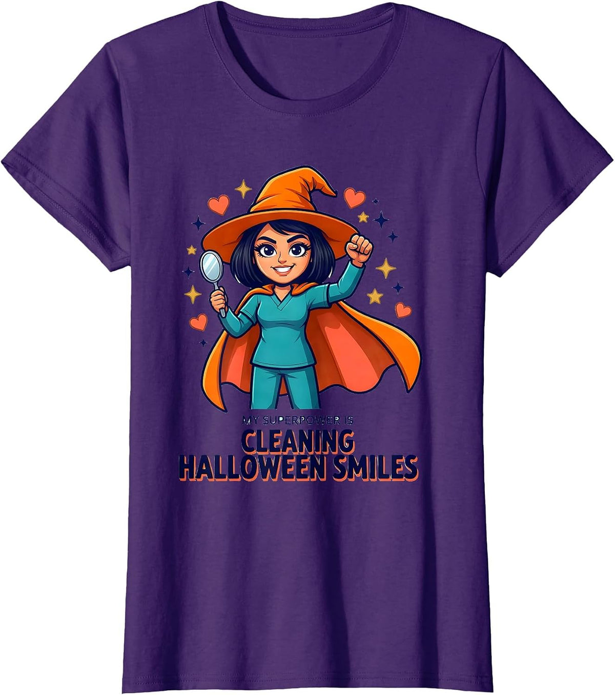 Women's MY SUPERPOWER IS CLEANING HALLOWEEN SMILES Dental Hygienist T-Shirt - Purple
