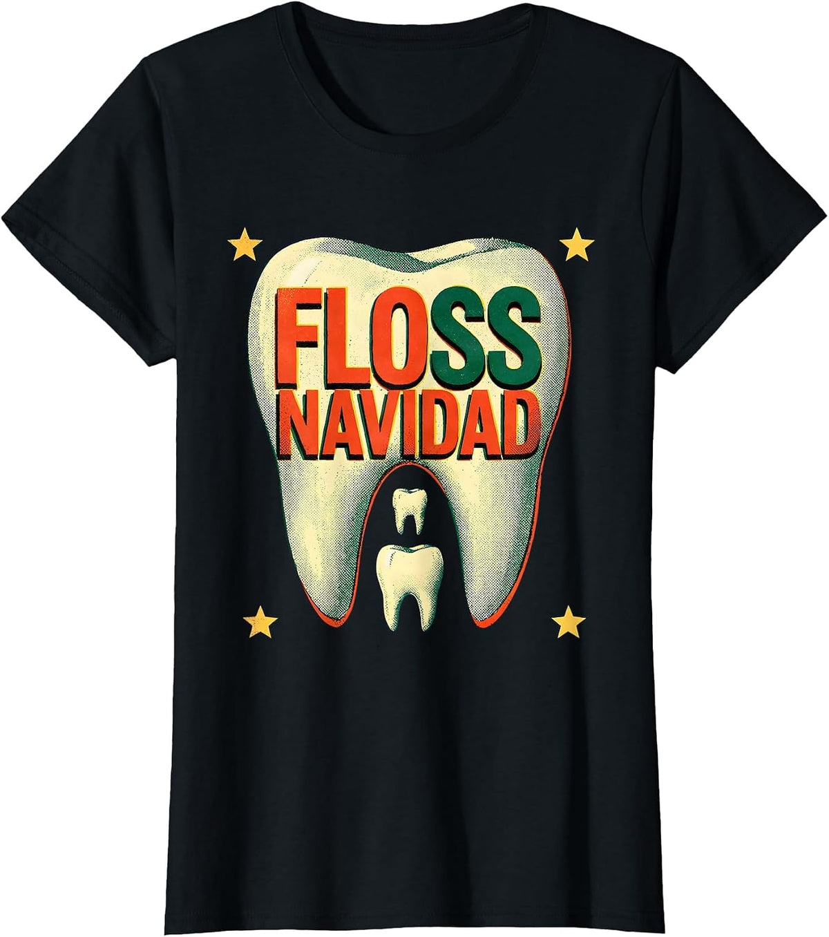 Women's Floss Navidad Risograph Funny Dental Christmas Dental Team T-Shirt - Black