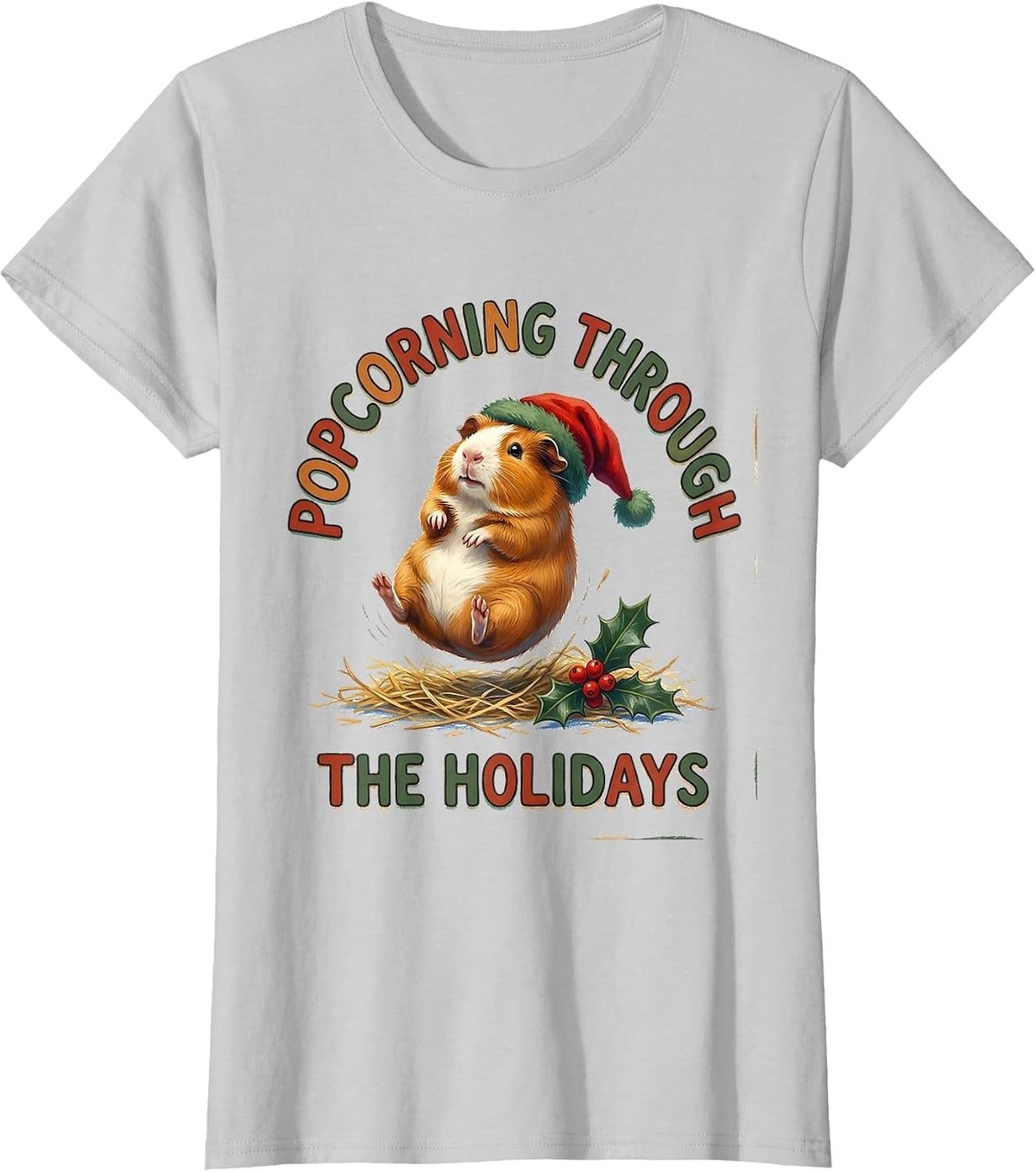 Women's Popcorning Through The Holidays Storybook Guinea Pig T-Shirt - Silver Grey