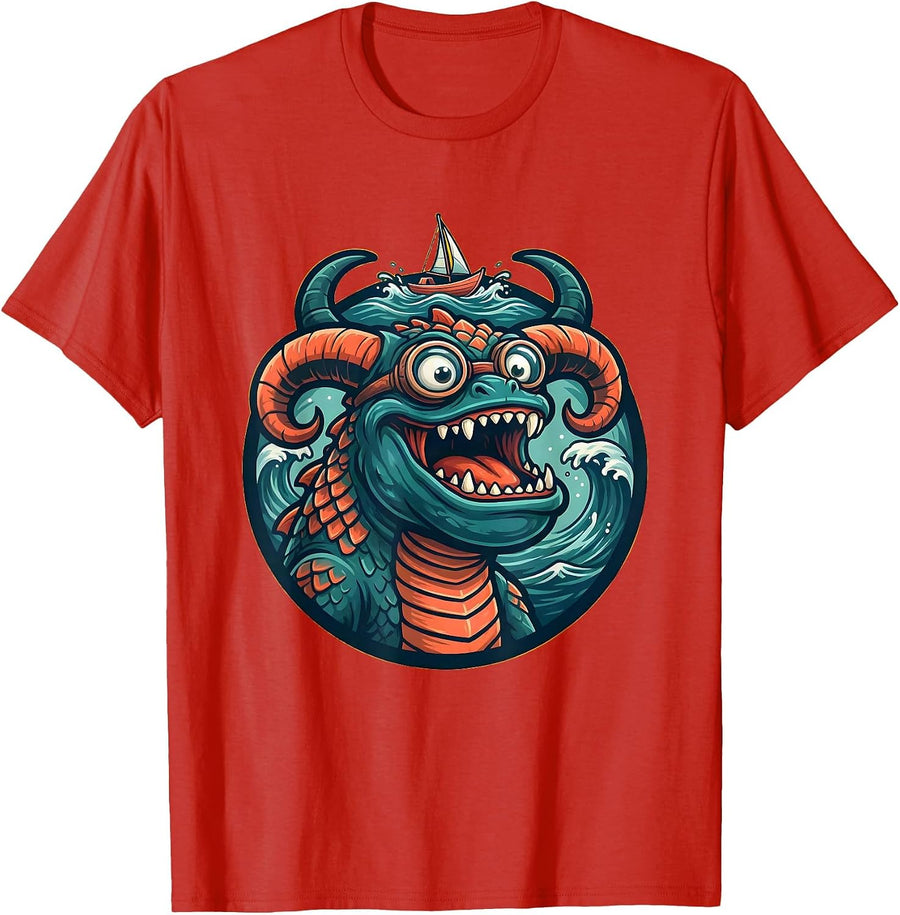 Men's Hawaiian Sea Monster Rising Beneath Small Boat T-Shirt - Red