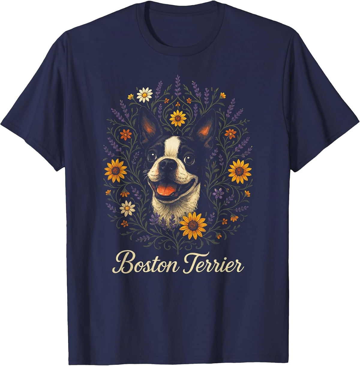 Boston Terrier - Cute Dog Flower Heart Design T-Shirt - Navy Blue