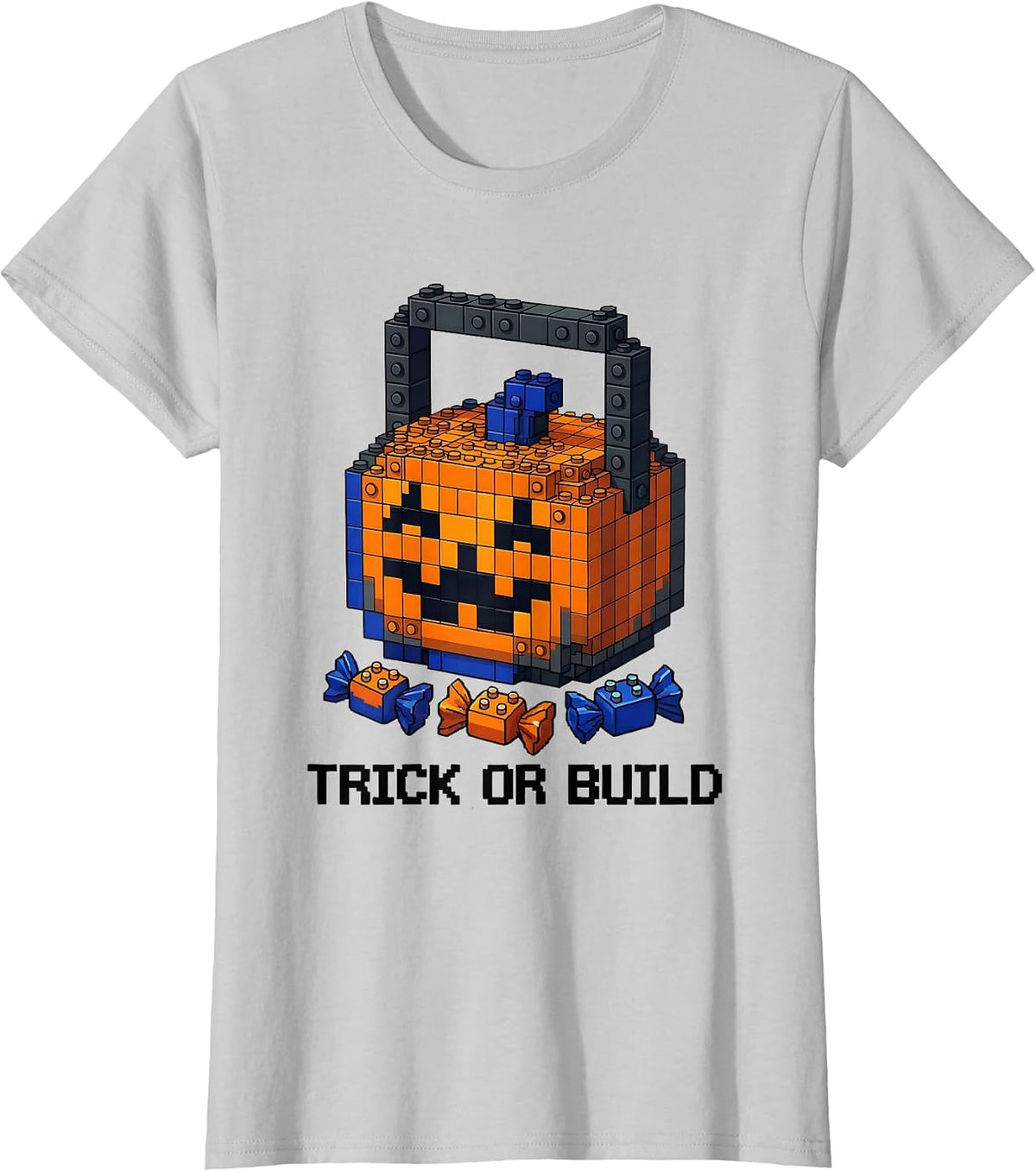 Women's Trick Or Build Pixel Art Halloween Building Blocks Costume T-Shirt - Silver Grey