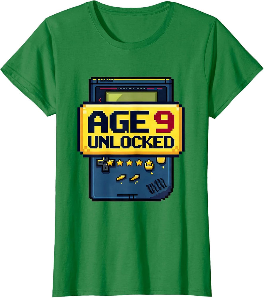 Women's Age 9 Unlocked Pixel Art Birthday Boy Video Gamer Party T-Shirt - Kelly Green