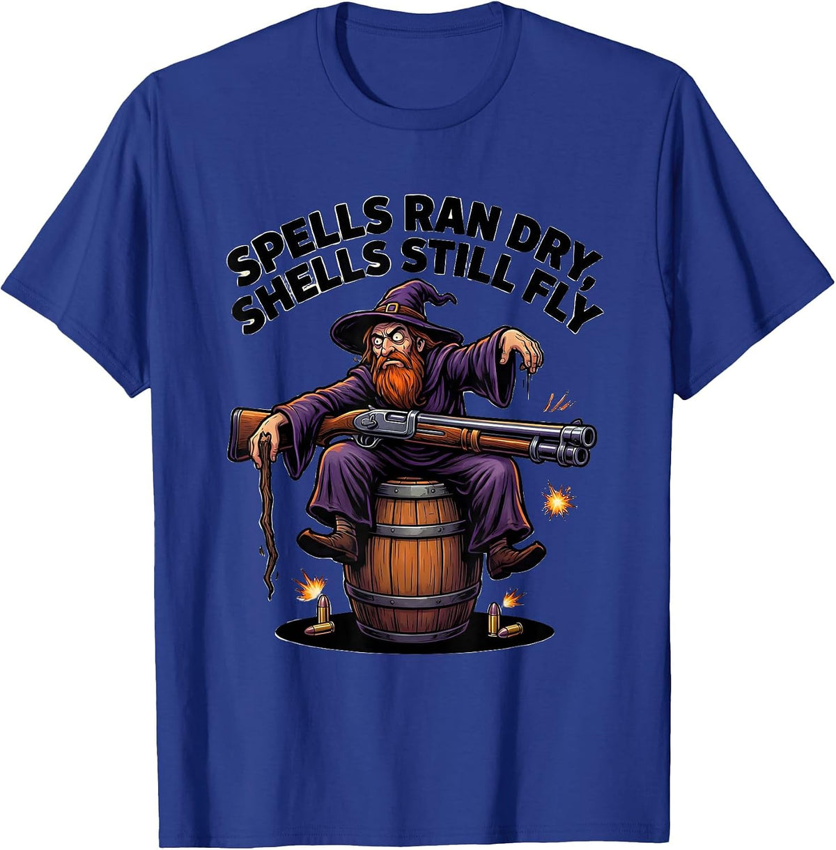 Men's Spells Ran Dry Shells Still Fly Cartoon Wizard Meme Humor T-Shirt - Royal Blue