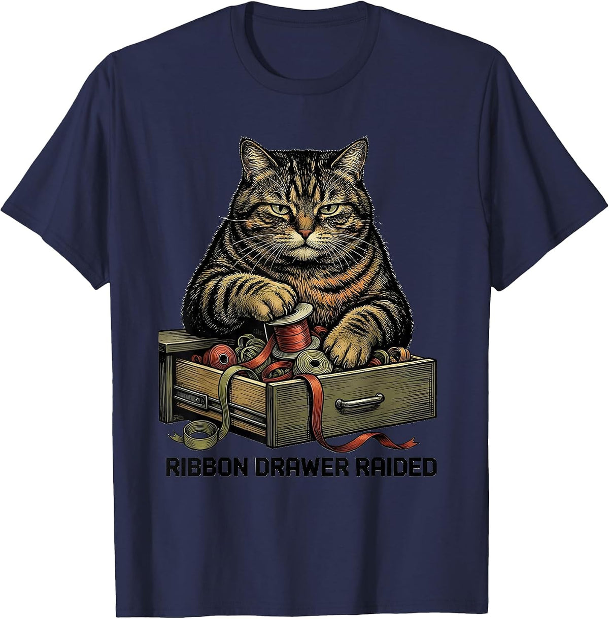 Men's Ribbon Drawer Raided Funny Cat Lover Grumpy Christmas Humor T-Shirt - Navy Blue
