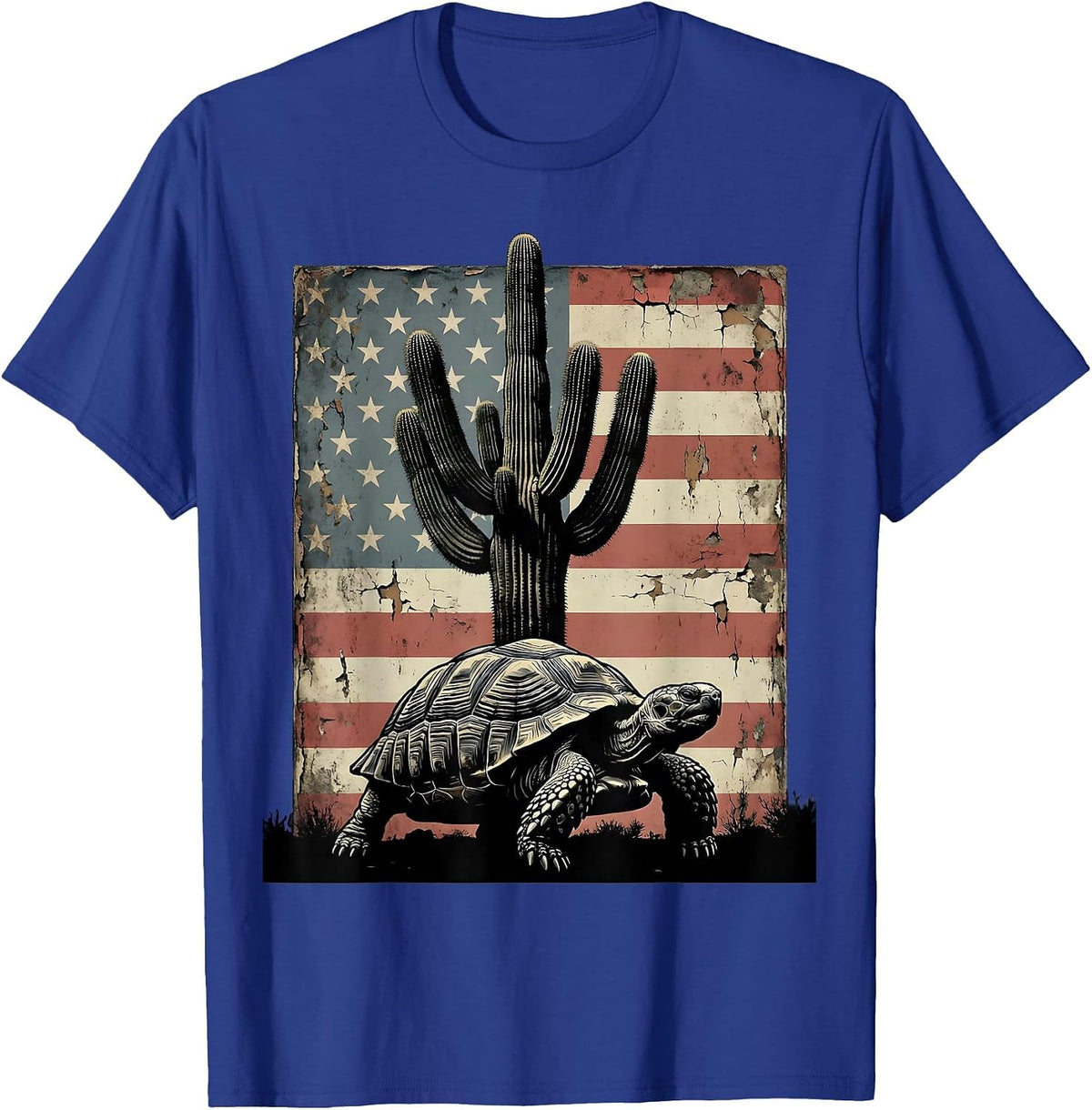 Desert Tortoise Saguaro Cactus Southwest Nature Art T-Shirt - Royal Blue