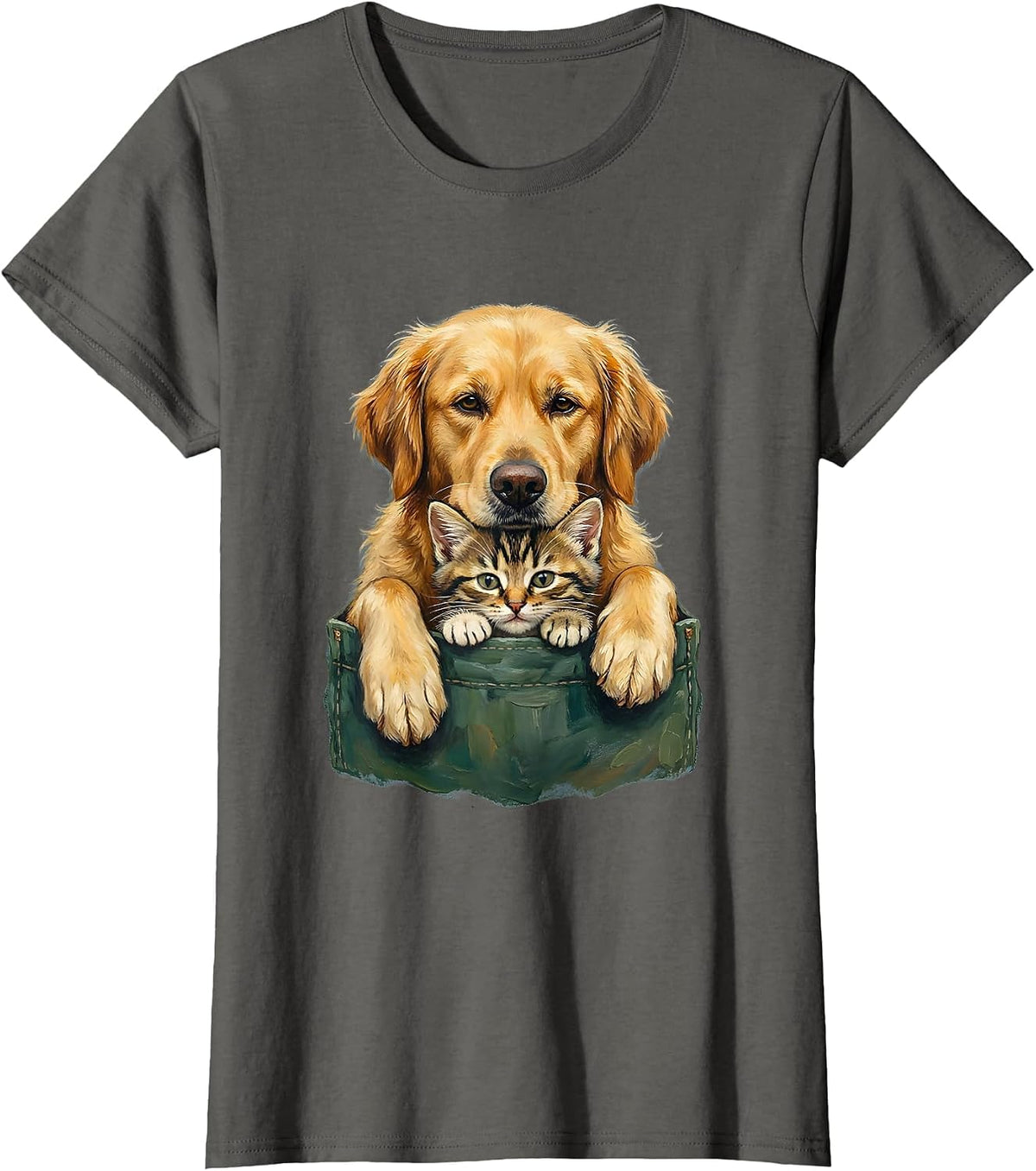 Women's Pet Pocket Peeking Cat And Dog Cute Playful Novelty T-Shirt - Asphalt Grey