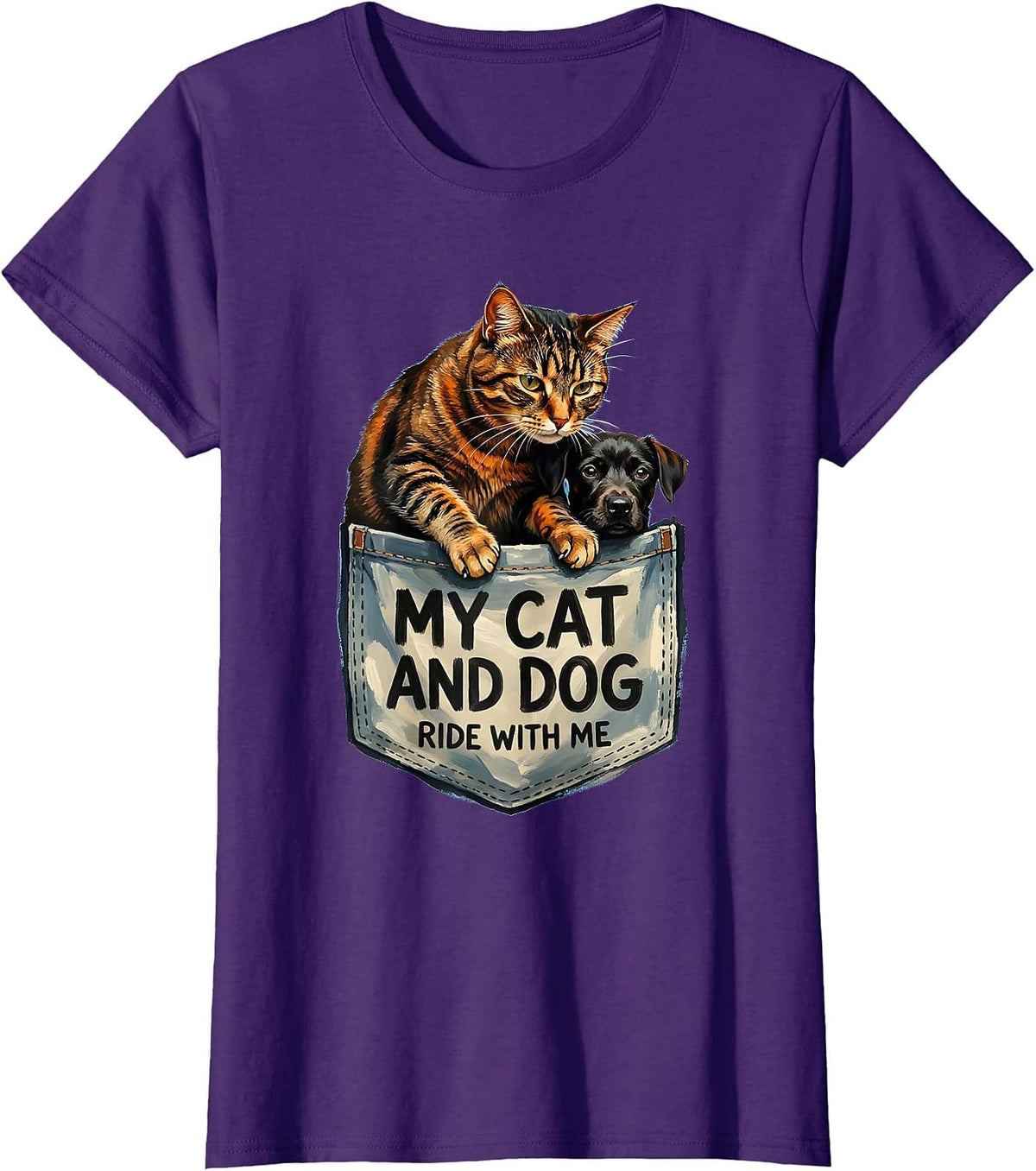 Women's My Cat And Dog Ride With Me Playful Pet Pocket Gift For Cat T-Shirt - Purple