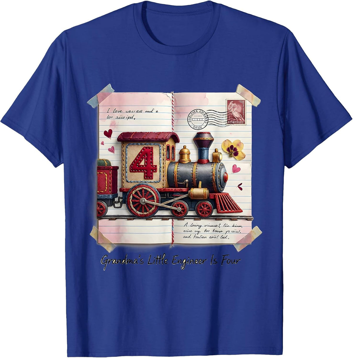 Grandma's Little Engineer Is Four Toddler Birthday Train T-Shirt - Royal Blue