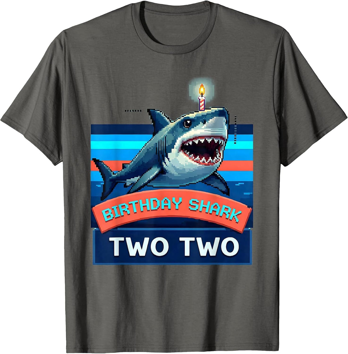 Men's Birthday Shark Two Two Pixel Art Kids Shark Party Age T-Shirt - Asphalt Grey