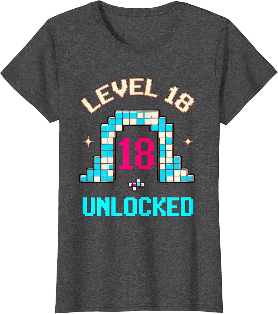 Women's Level 18 Unlocked Pixel Art Gamer Birthday Milestone T-Shirt - Dark Heather Grey