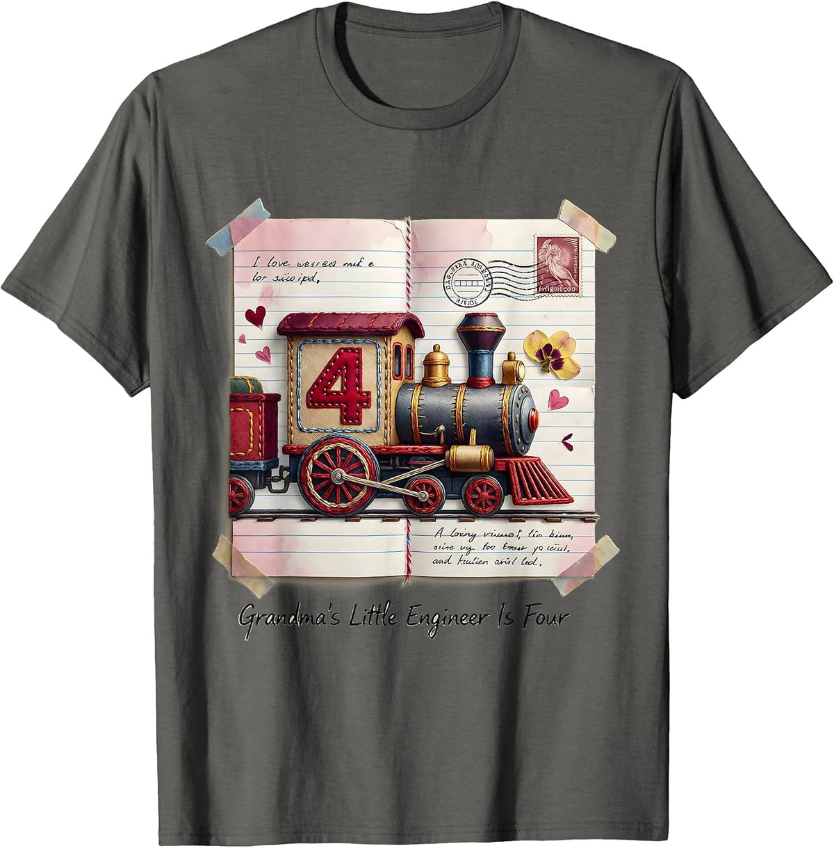 Grandma's Little Engineer Is Four Toddler Birthday Train T-Shirt - Asphalt Grey