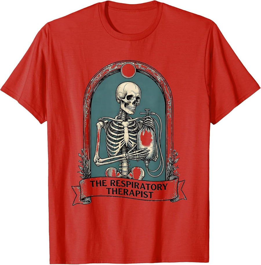 Men's The Respiratory Therapist Funny Skeleton Tarot Card T-Shirt - Red