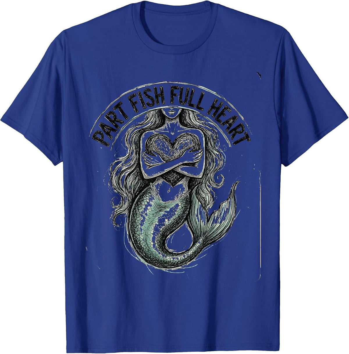 Part Fish Full Heart Mermaid Design T-Shirt - Royal Blue