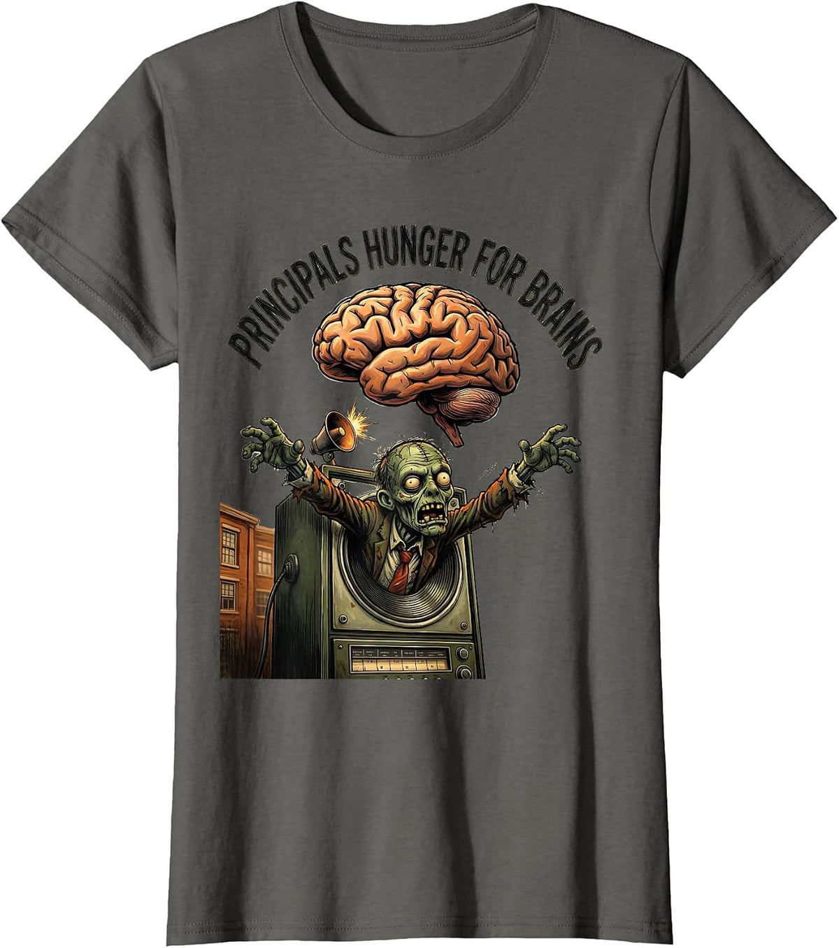 Women's Principals Hunger For Brains Funny Zombie Teacher Halloween T-Shirt - Asphalt Grey