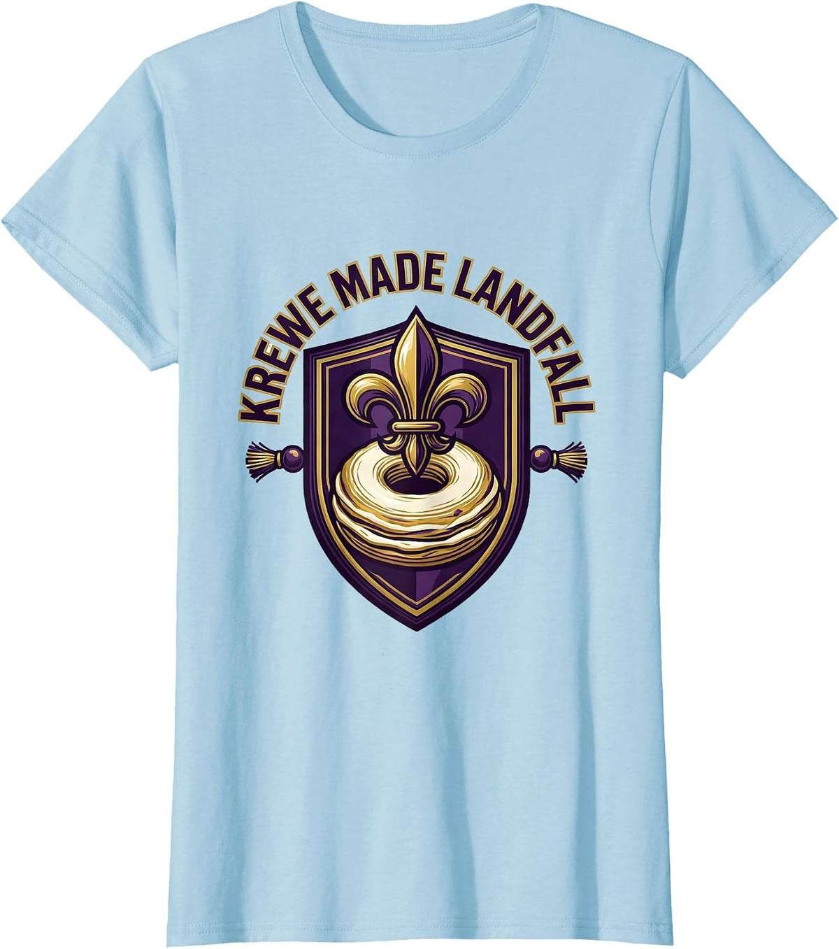 Women's Krewe Made Landfall Emblem Mardi Gras Party Group T-Shirt - Baby Blue
