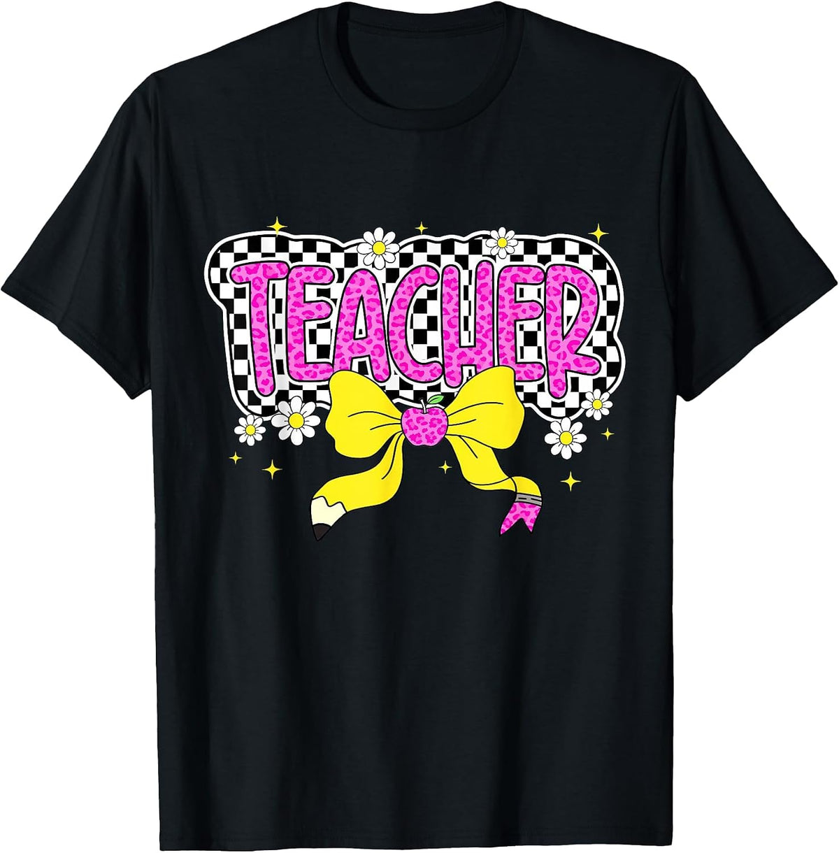 Retro Checkered Pink Bow Teacher Back to School T-Shirt - Black