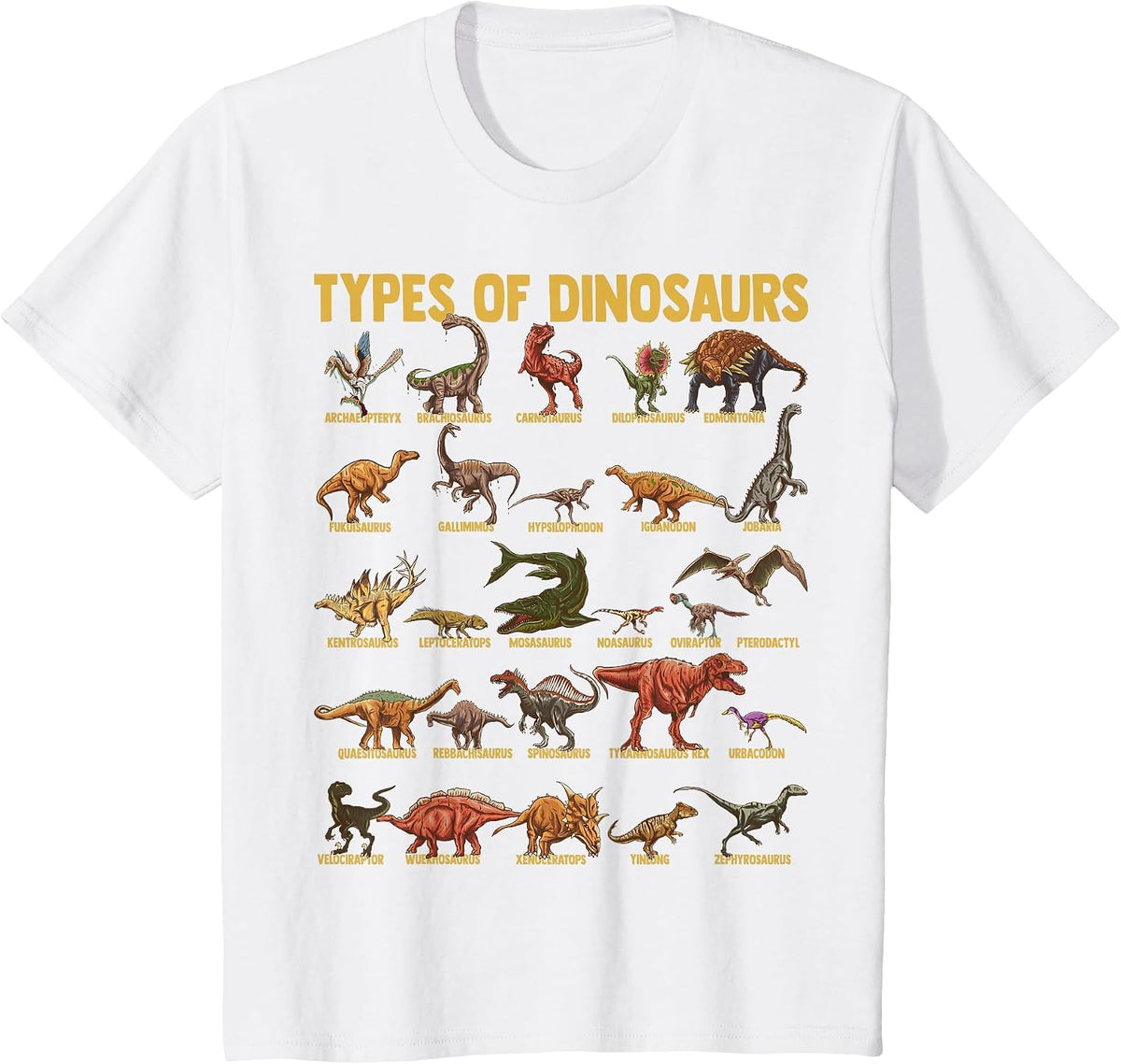 Types of Dinosaurs Dino Identification Chart with Names T-Shirt - White