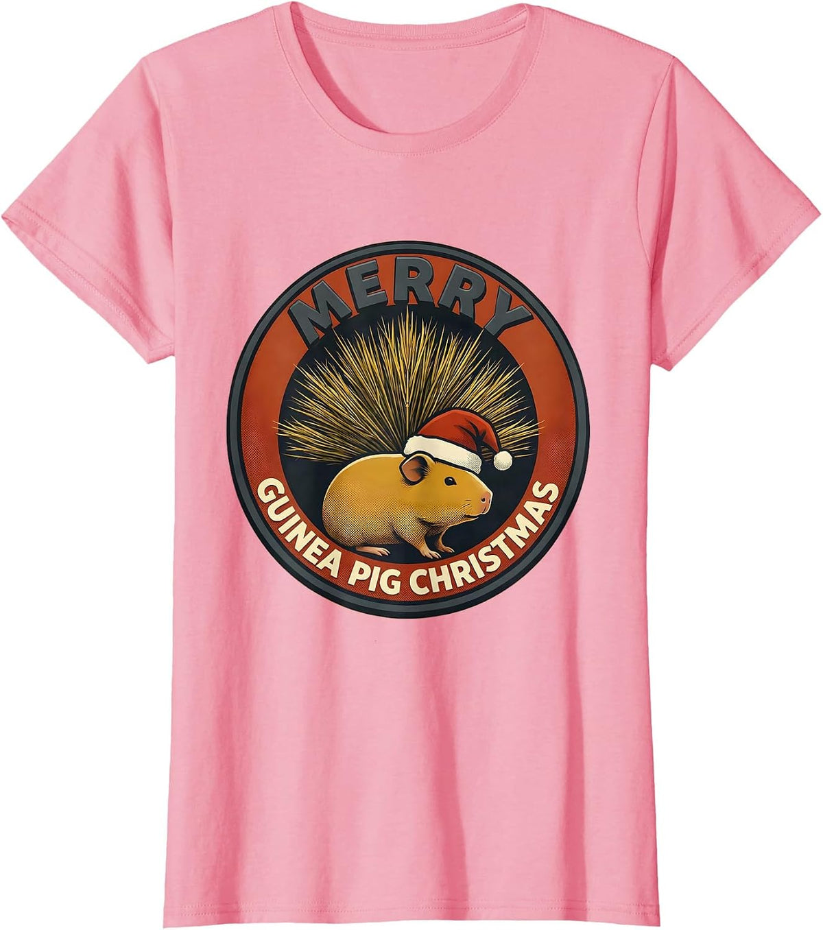 Women's Merry Guinea Pig Christmas Midcentury Modern Pet Lover Humor T-Shirt - Pink