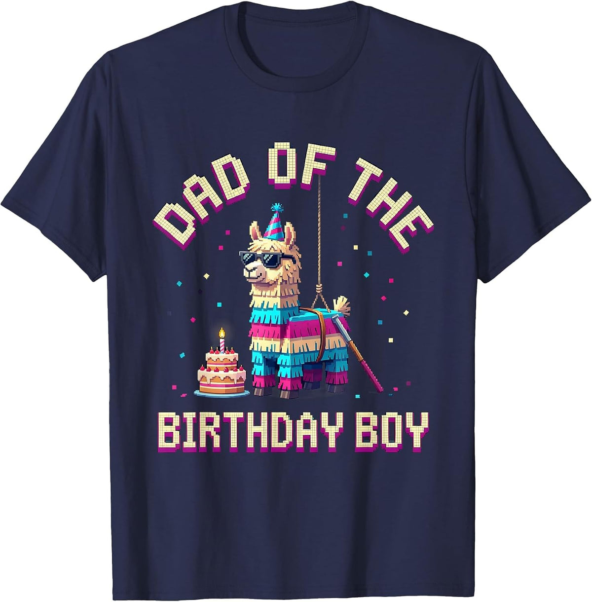 Dad Of The Birthday Boy Pixel Art Llama Pinata Gamer Party T-Shirt - Navy Blue