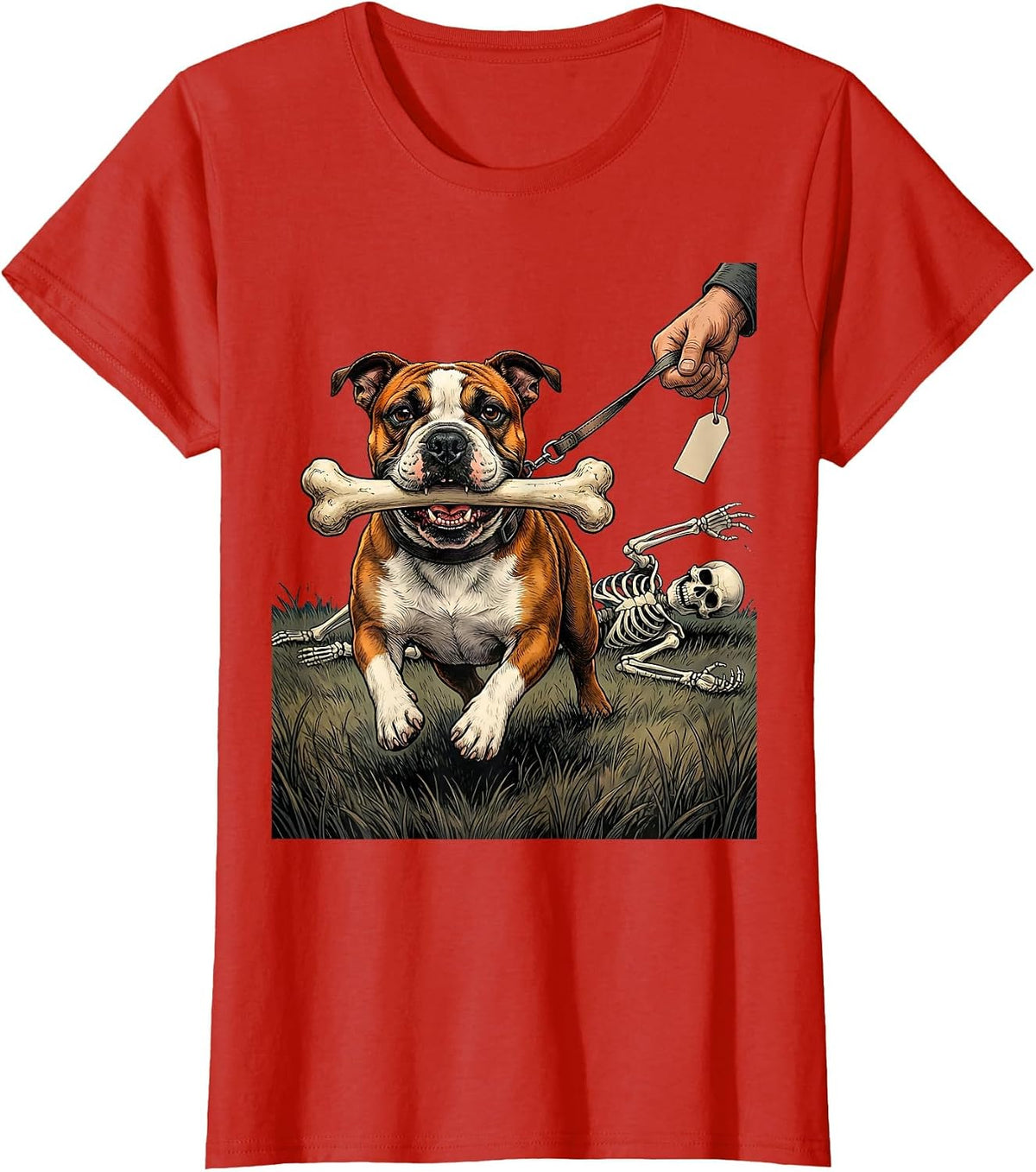 Bull Terrier Steals Bone Funny Skeleton Halloween Dog Mom T-Shirt - Red