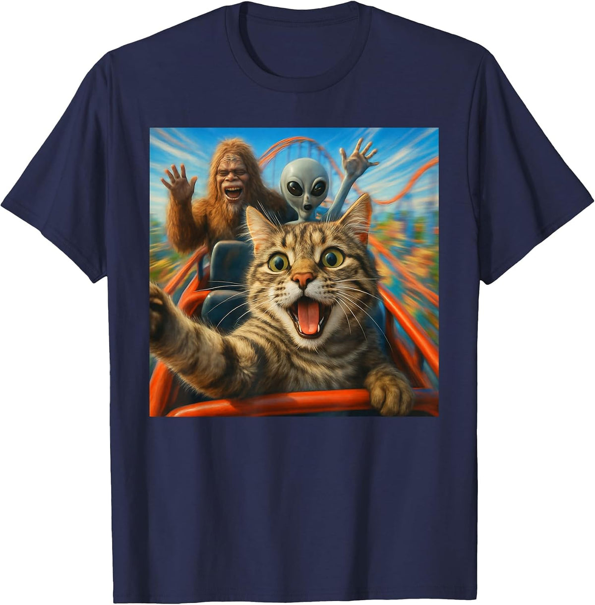 Funny Cat Selfie with Big Foot & Alien Roller Coaster Meme T-Shirt - Navy Blue