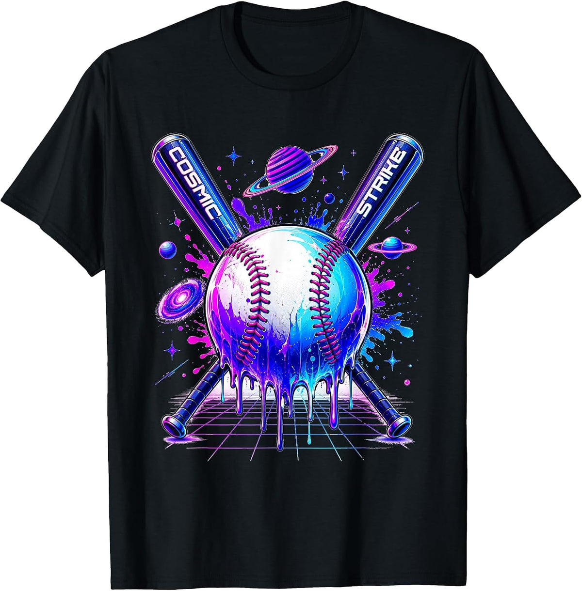 Retro Vaporwave Cosmic Baseball Synthwave Graphic T-Shirt - Black