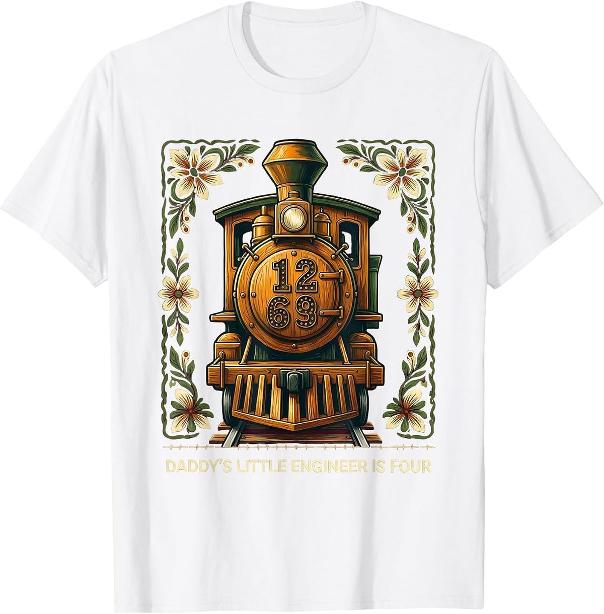 Men's Daddy's Little Engineer Is Four Folk Art Train Birthday T-Shirt - White