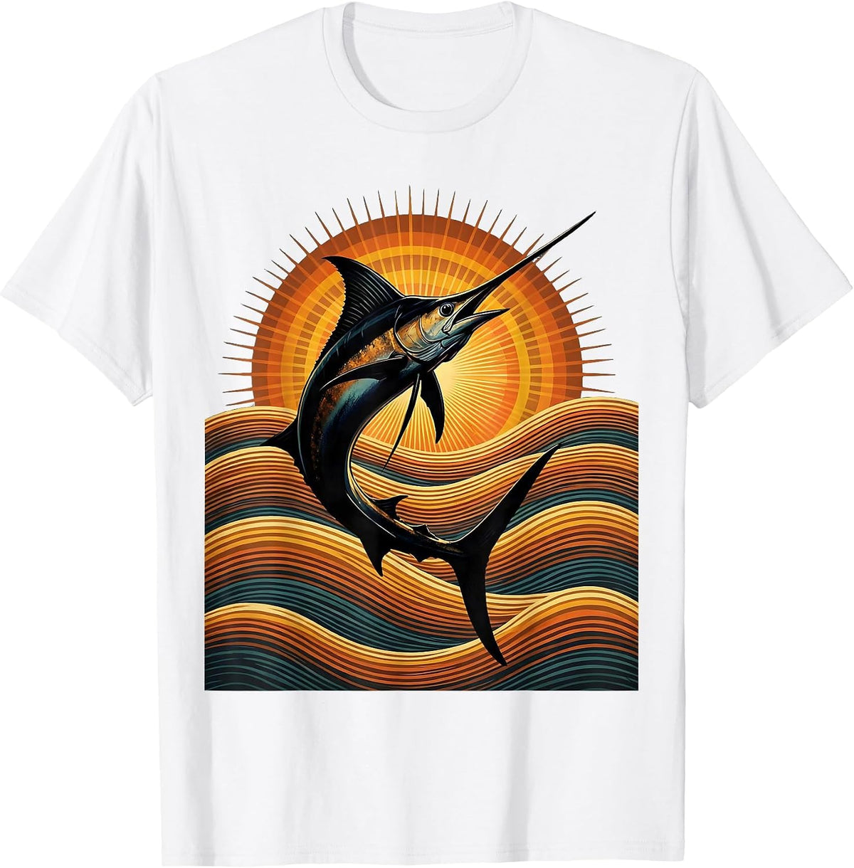 Giant Marlin Leaping Over Ocean Waves Fishing T-Shirt - White