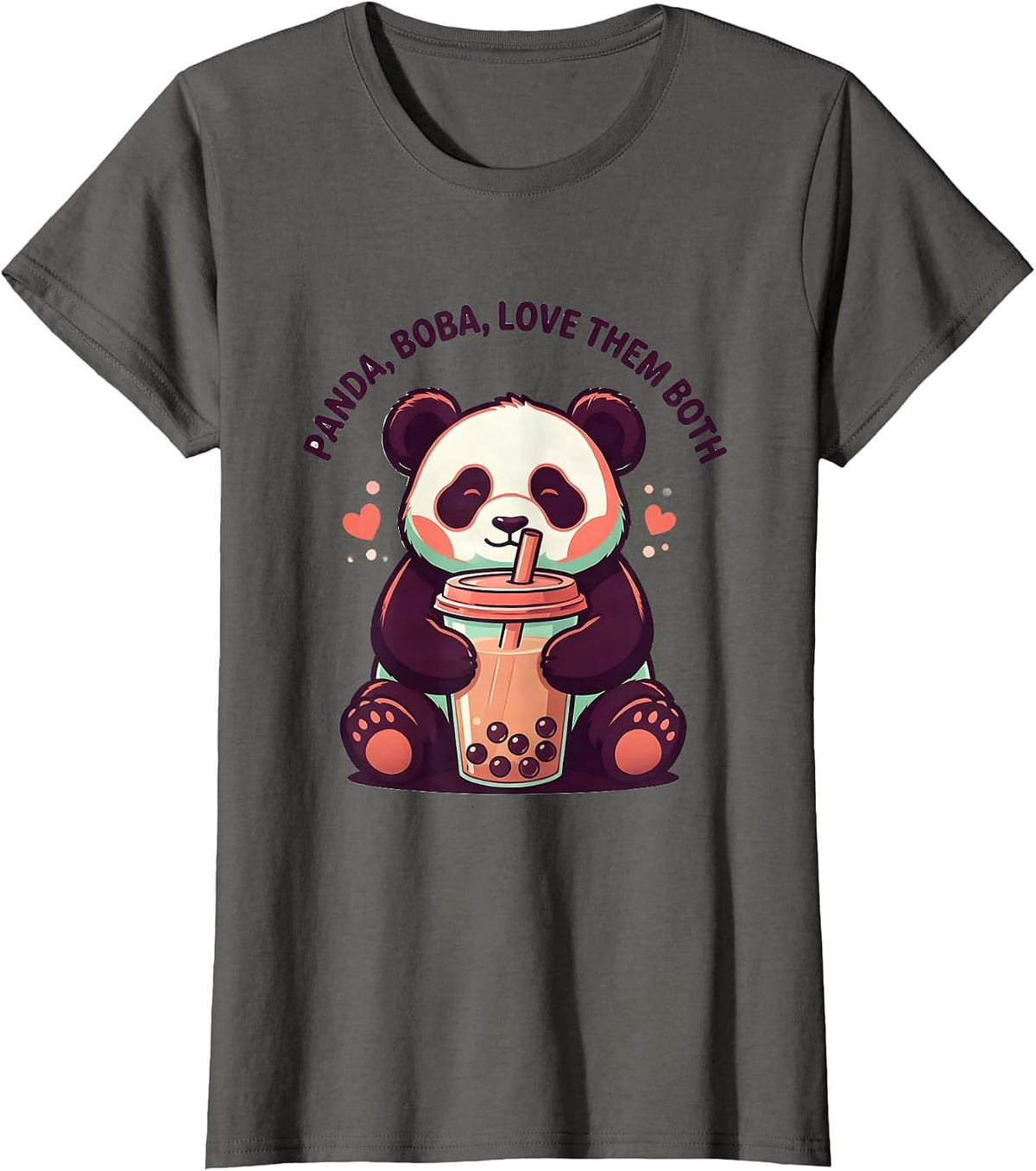 Women's Panda Boba Love Them Both Cute Kawaii Anime Animal Bubble T-Shirt - Asphalt Grey