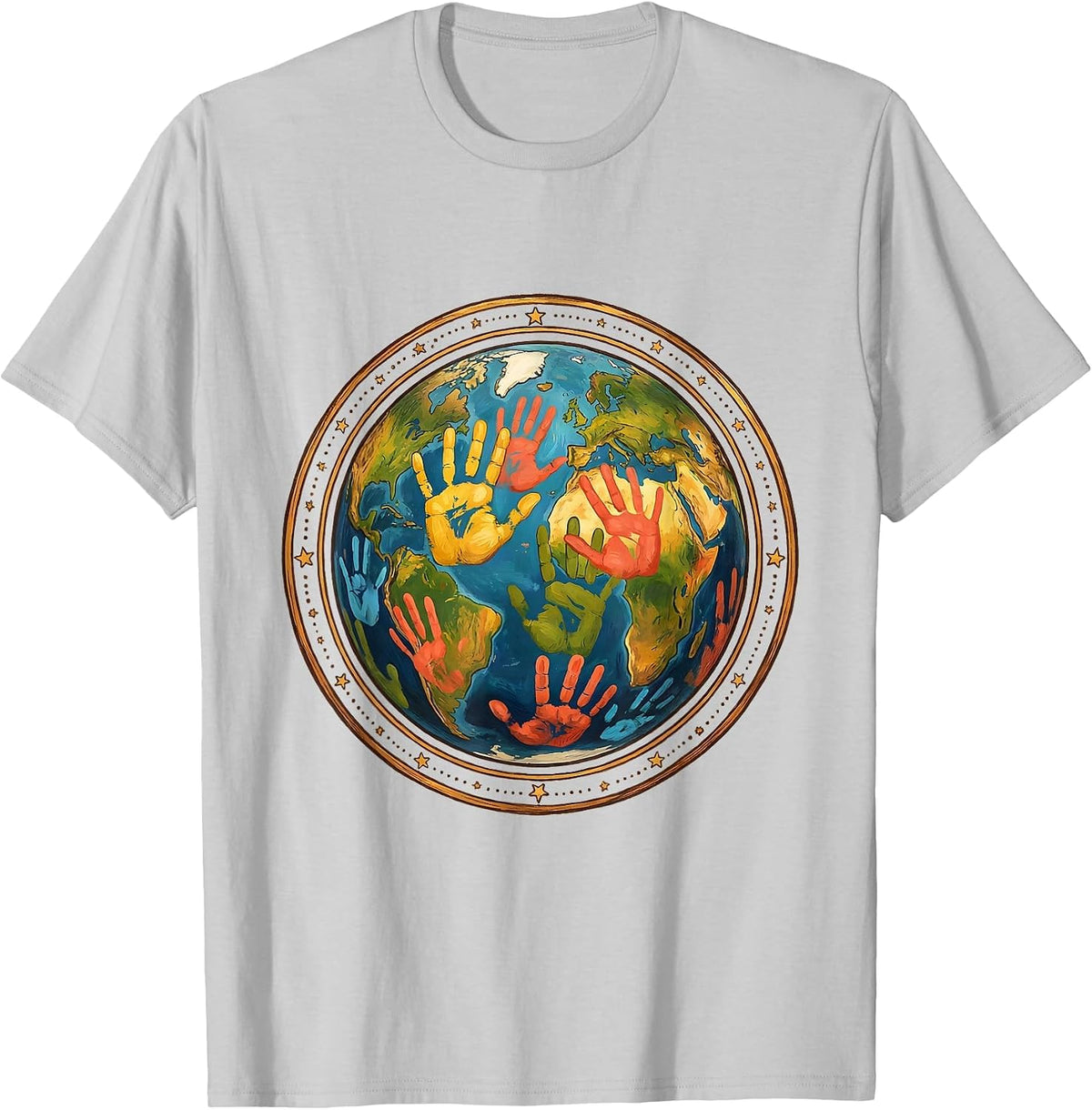 Men's Kindergarten Teacher Colorful Handprints Globe T-Shirt - Silver Grey