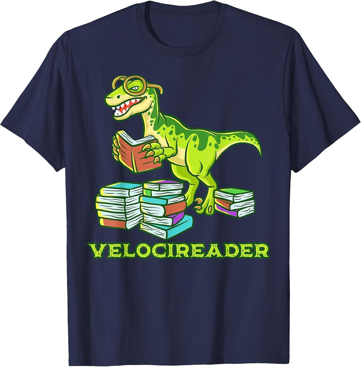 Velocireader Dinosaur Book Reading Velociraptor Dino T-Shirt - Navy Blue