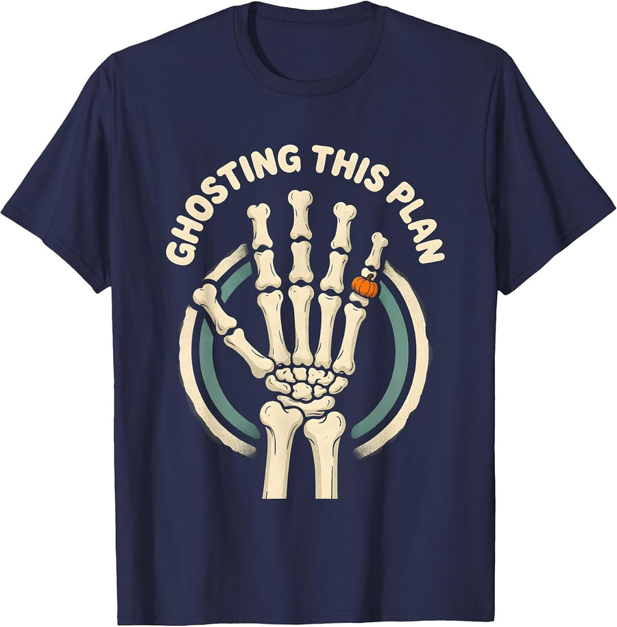 GHOSTING THIS PLAN Funny Skeleton Hand Halloween Dry Humor T-Shirt - Navy Blue