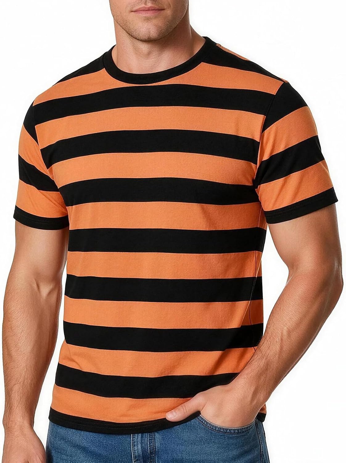 Funny World Men's Cotton Striped T-Shirt Crew Neck Short Sleeves Basic Casual Top - Orange and Black Striped